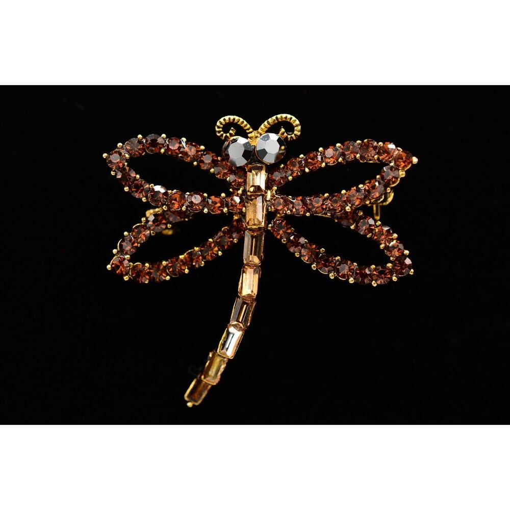 WM Vintage Dragonfly Crystal Pin Brooch Brown Rhinestone Gold Signed AS IS BinAJ